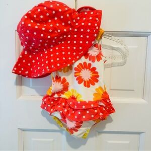 Carter's Orange and Yellow Floral Infant Swim One Piece w Hat